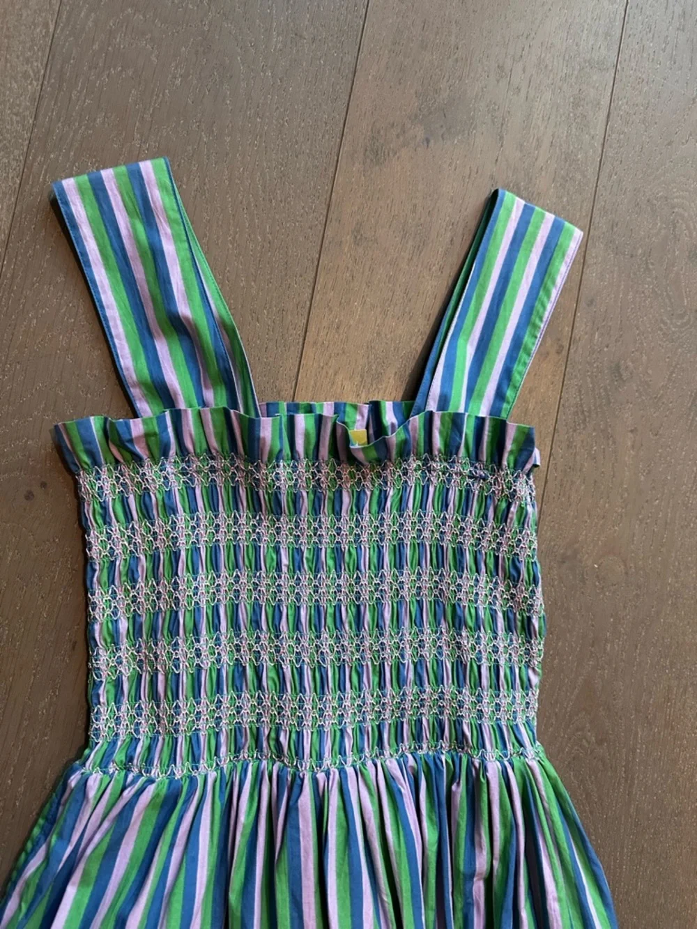 Mille Garden Dress Jaipur Stripe Blue Green White Smocked Maxi XS NWT - Picture 4 of 5